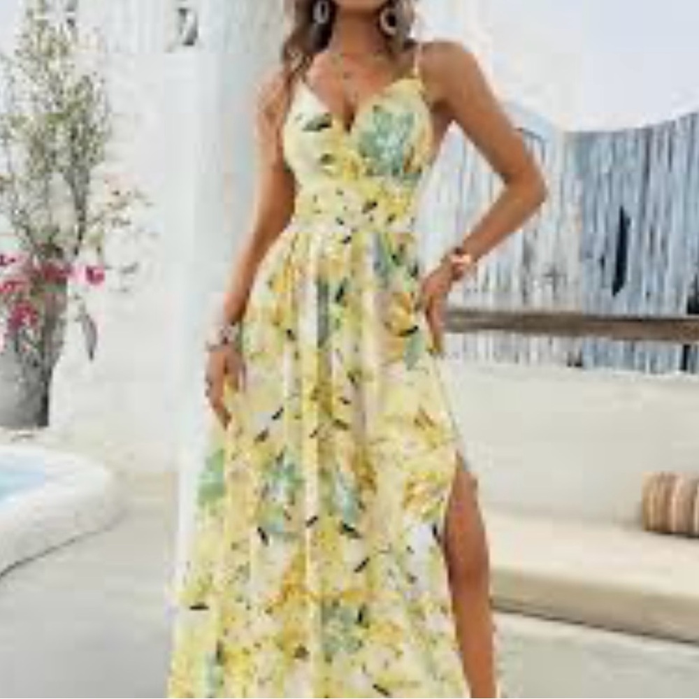 New - Women’s Yellow Floral Print Maxi Dress
